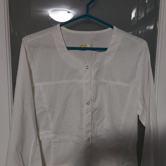 WonderWink WonderFlex Women White Scrub Top Long Sleeve Button Snap Sz Small - Picture 2 of 10